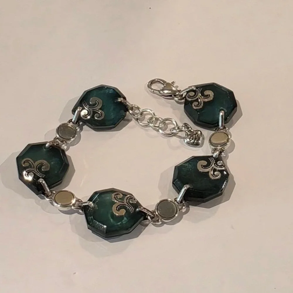 Brighton Silver Plated Octagon Jade‎ Green Stone Bracelet Jewelry